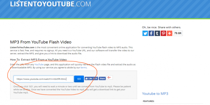 listentoyoutube.com tutorial step 1 insert youtube url