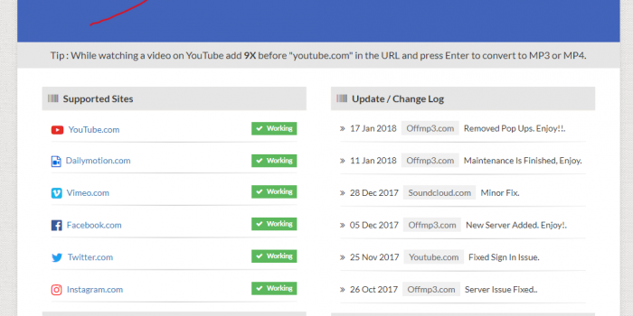 OffMp3.com review tutorial youtube mp3 converter step 1 front page