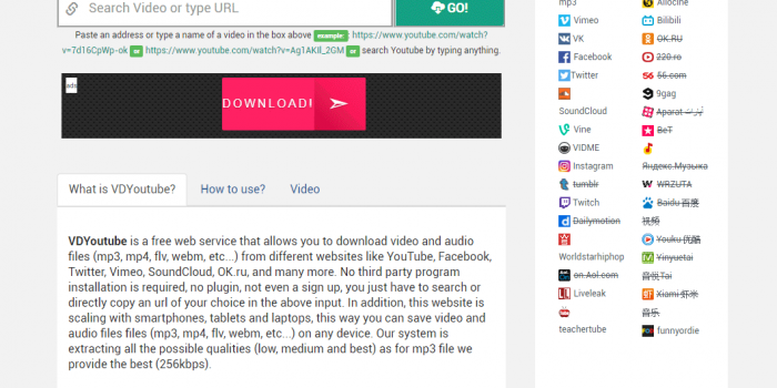 vdyoutube.com video downloader review tutorial step 1 front page