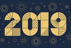 2019 New year greeting card with fireworks. Minimalist style, geometric thin outline.