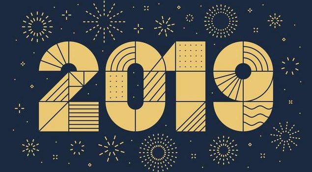 2019 New year greeting card with fireworks. Minimalist style, geometric thin outline.