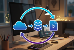 A conceptual diagram on a home office desk showing a cloud icon, a local storage server icon, and a video file icon connected by circular arrows representing media storage and format conversion.