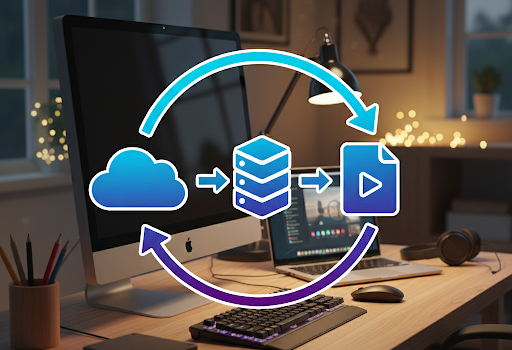 A conceptual diagram on a home office desk showing a cloud icon, a local storage server icon, and a video file icon connected by circular arrows representing media storage and format conversion.