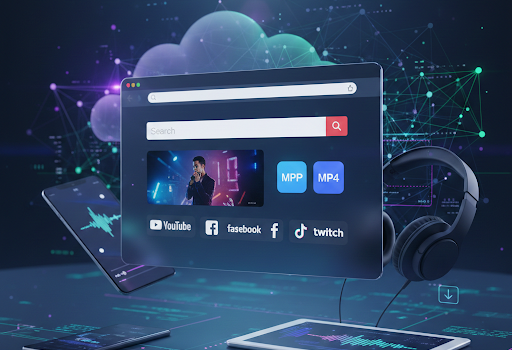 ​Digital media conversion concept showing CnvMP3 interface on a tablet and smartphone with high-quality headphones, representing fast MP3 and MP4 downloads from social media platforms.
