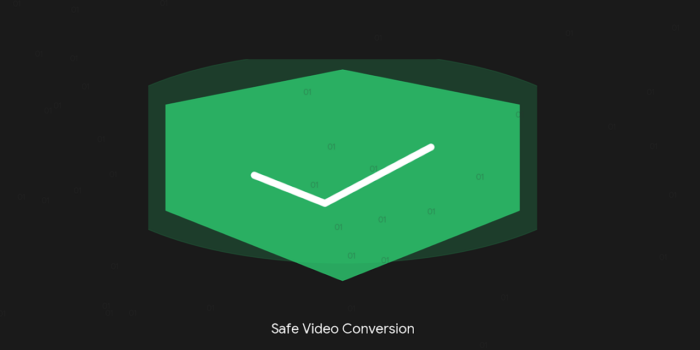 A conceptual cybersecurity graphic showing a green safety shield and checkmark over a dark digital background representing safe video conversion.