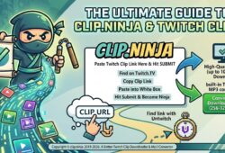 Infographic guide showing how to use Clip Ninja to download Twitch clips and convert to MP3 audio.