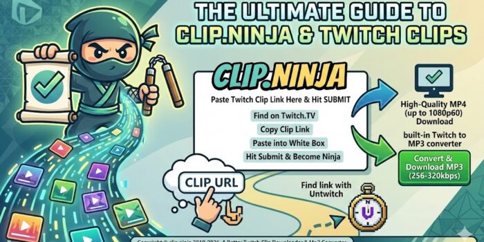 Infographic guide showing how to use Clip Ninja to download Twitch clips and convert to MP3 audio.