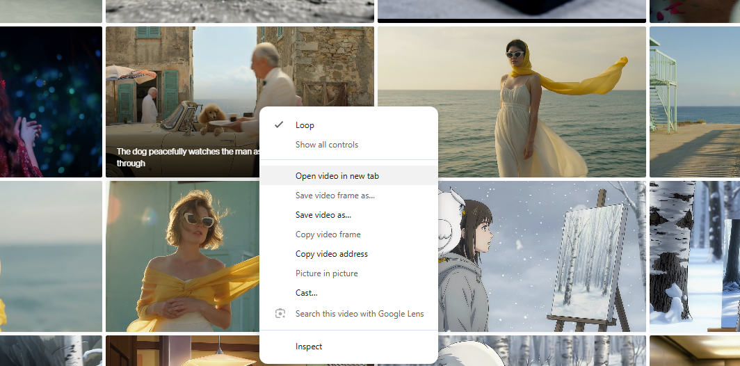 screenshot of Runway AI Video grid with right-click to open video in new tab, then easy save as MP4 file