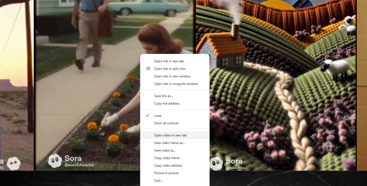 right-click on the Sora previewer and choose to launch the video in its own window to easily save MP4 file 