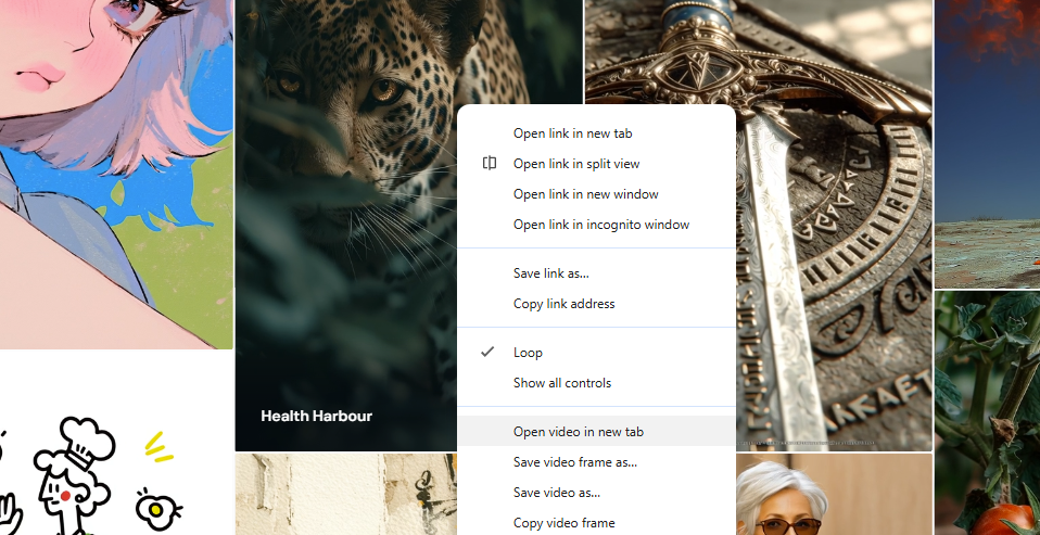 screenshot of user browser showing how to right-click any video on Midjourney to open in new tab then quickly and easily save video as file to any device