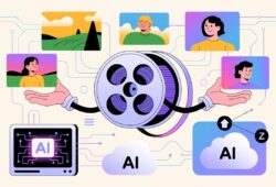 An illustration of a film reel with digital arms catching and organizing miniature AI video clips into a digital vault, labeled with logos of platforms like Sora, Runway, Luma, Google Veo, Pika, and more.