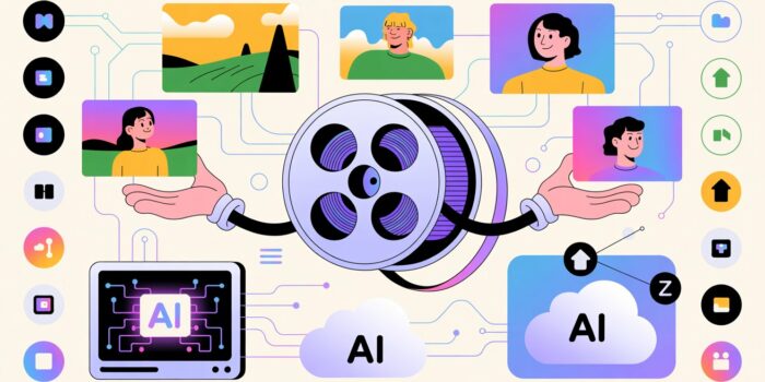 An illustration of a film reel with digital arms catching and organizing miniature AI video clips into a digital vault, labeled with logos of platforms like Sora, Runway, Luma, Google Veo, Pika, and more.