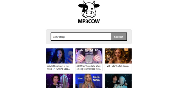 Alt Text Screenshot of the mp3cow.app homepage showing the minimalist layout and the built-in video search functionality box.